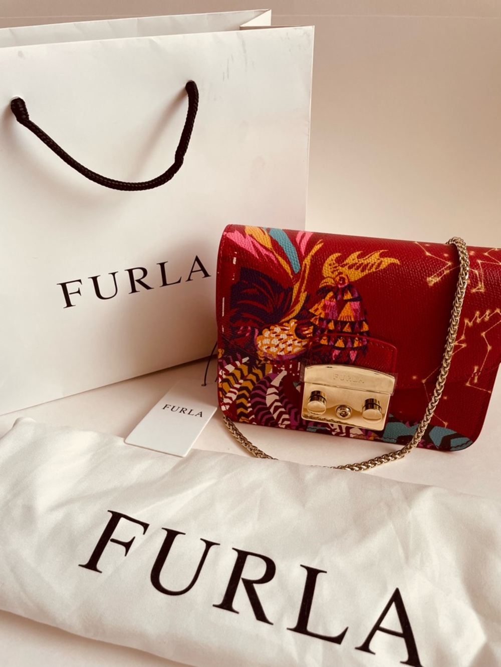 Furla Metropolis Red Year of the Rooster Mini Chain Crossbody Clutch Bag